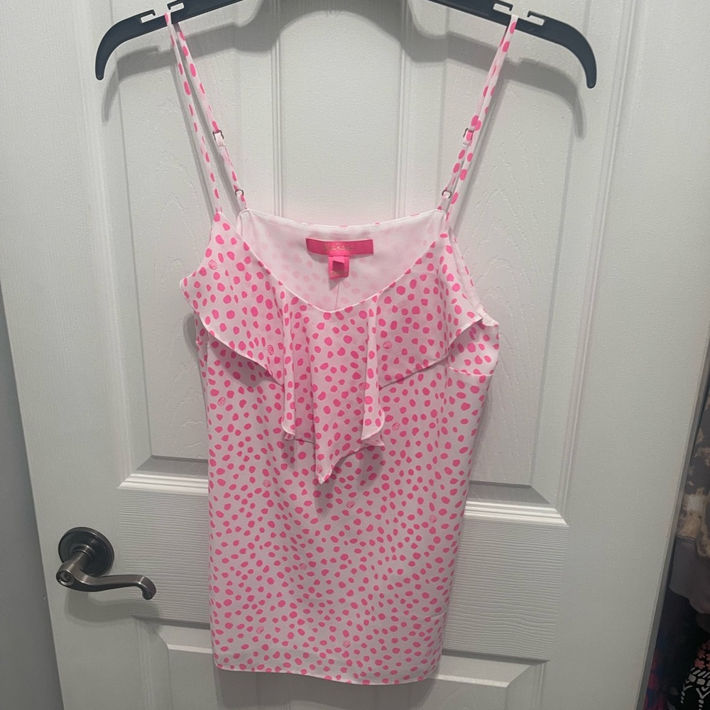 Lilly Pulitzer Pink Polka Dot Ruffled Spaghetti Strap Tank